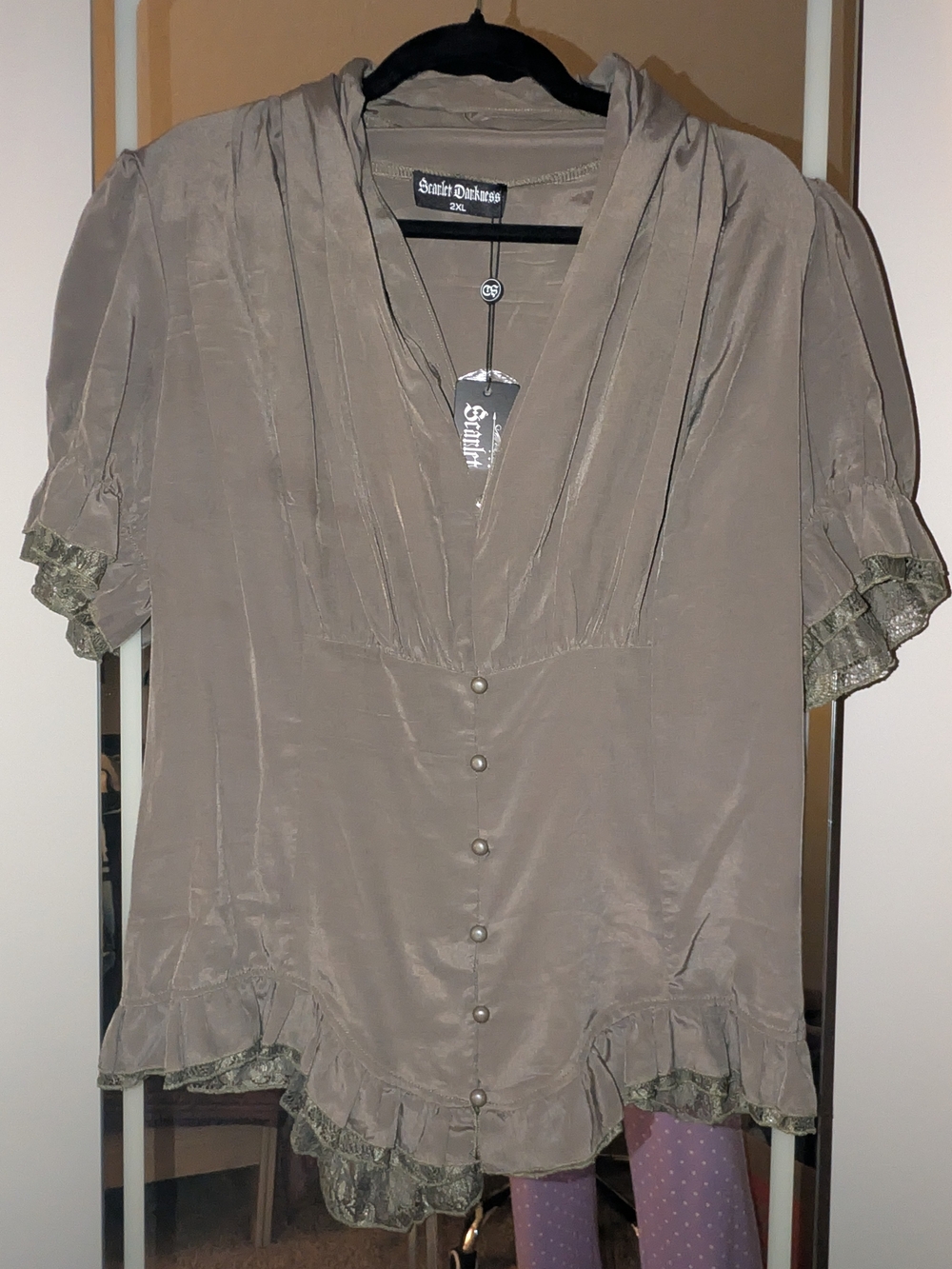 Saints & Scholars Taupe Ruffle Front Button Blouse